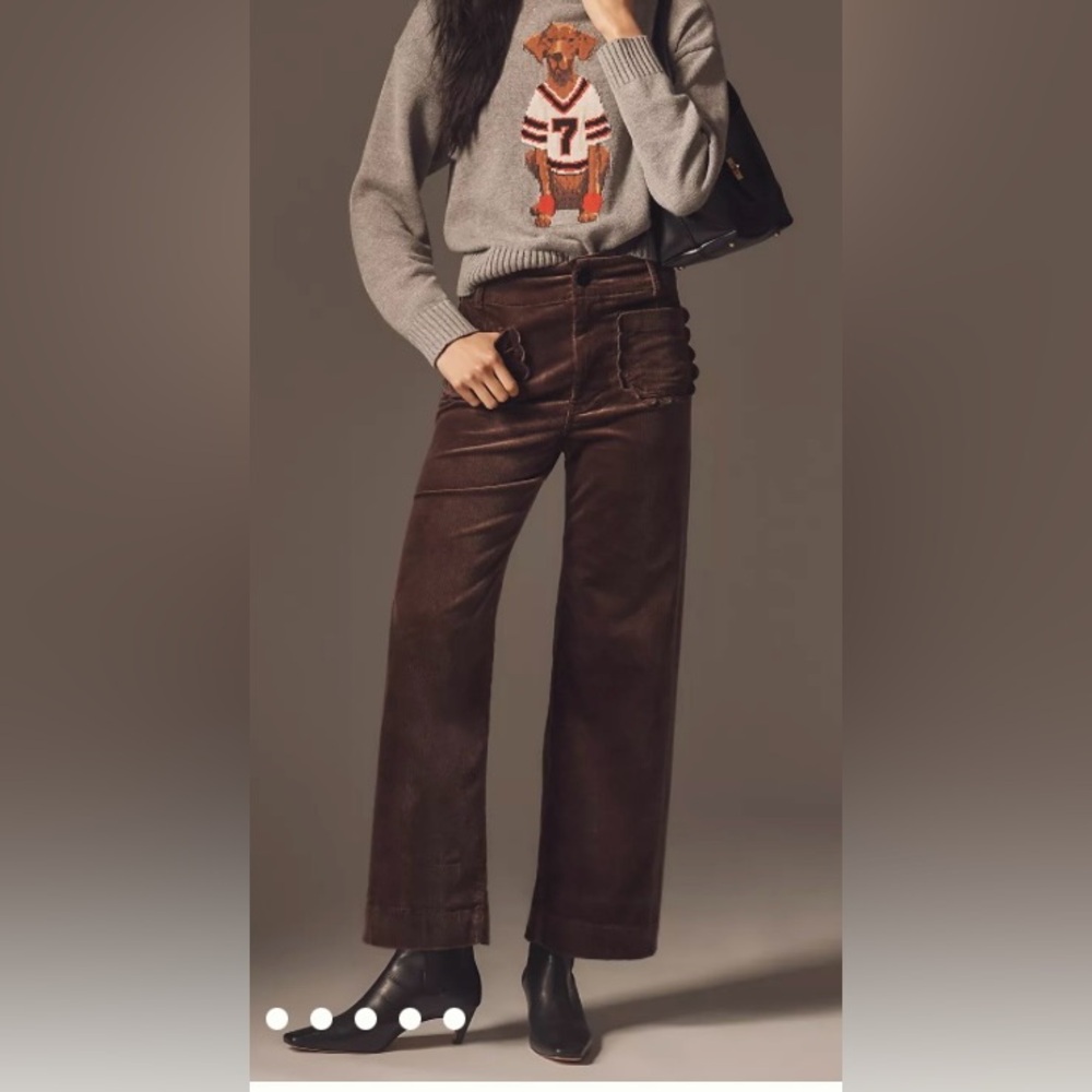 Anthropologie Colette Scallop Pocket Corduroy Crop Wide-Leg Pants Brown Corduroy